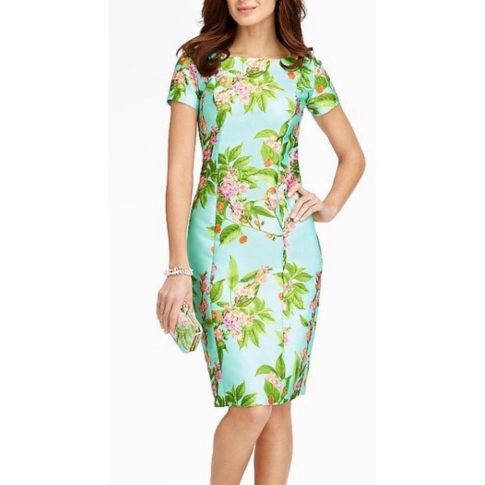 Talbots Dress Size 4 $199 Turquoise Floral Print Sheath Party Garden Wedding Tea